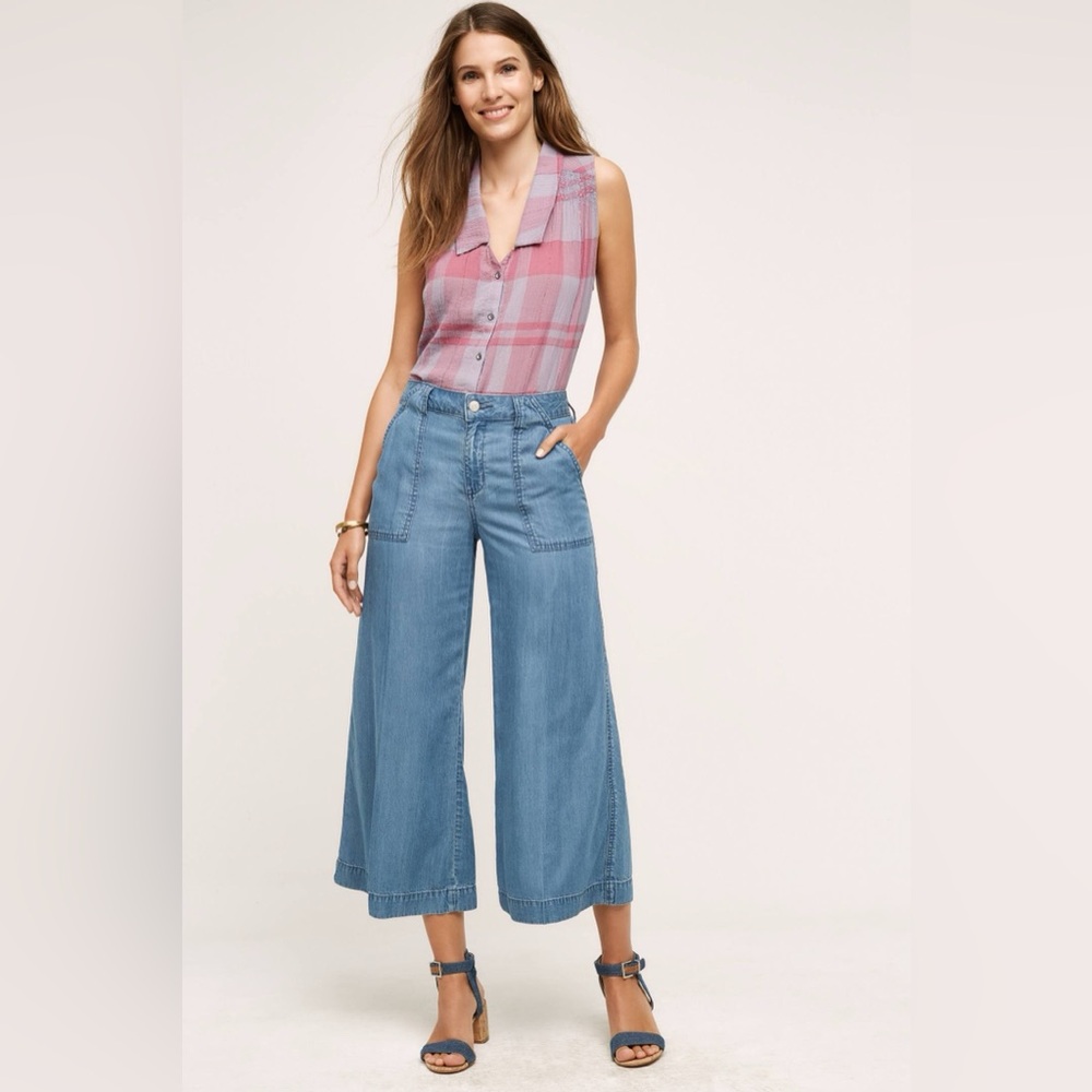 Anthropologie | Level 99 Chambray Crop Wide Legs - Sz 28P